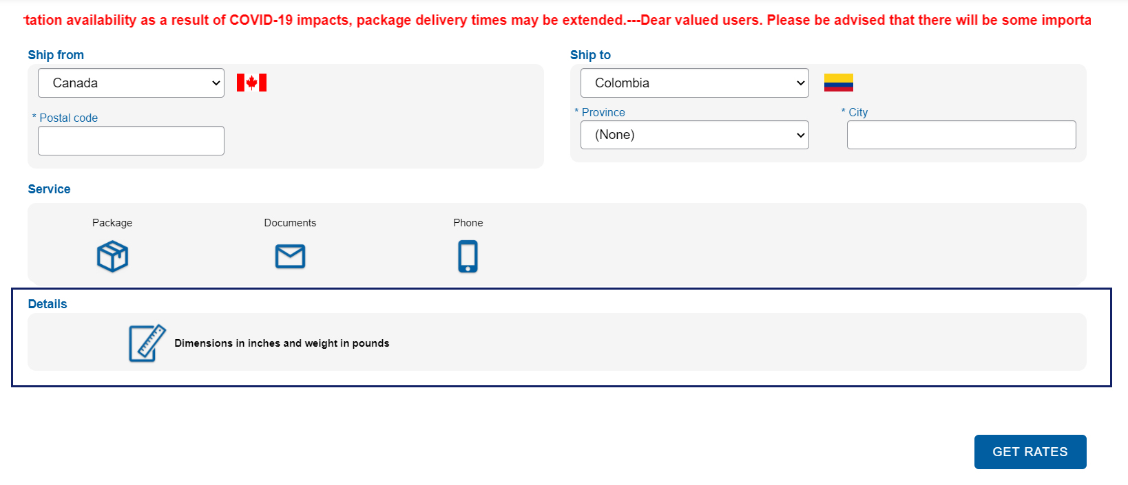 Añade las especificaciones del paquete - envíos a Colombia